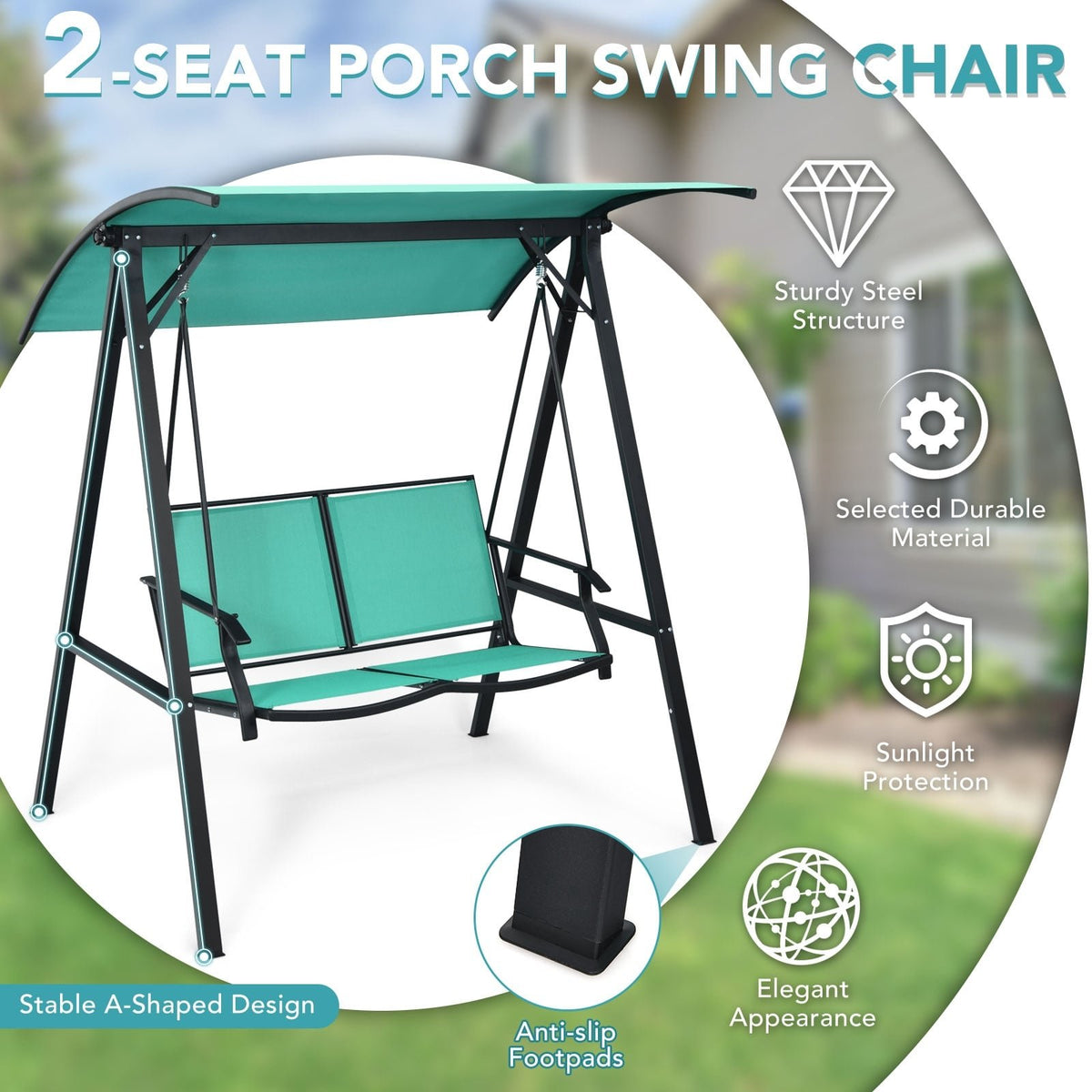 2 Person Patio Swing with Weather Resistant Glider and Adjustable Canopy-Green view 7