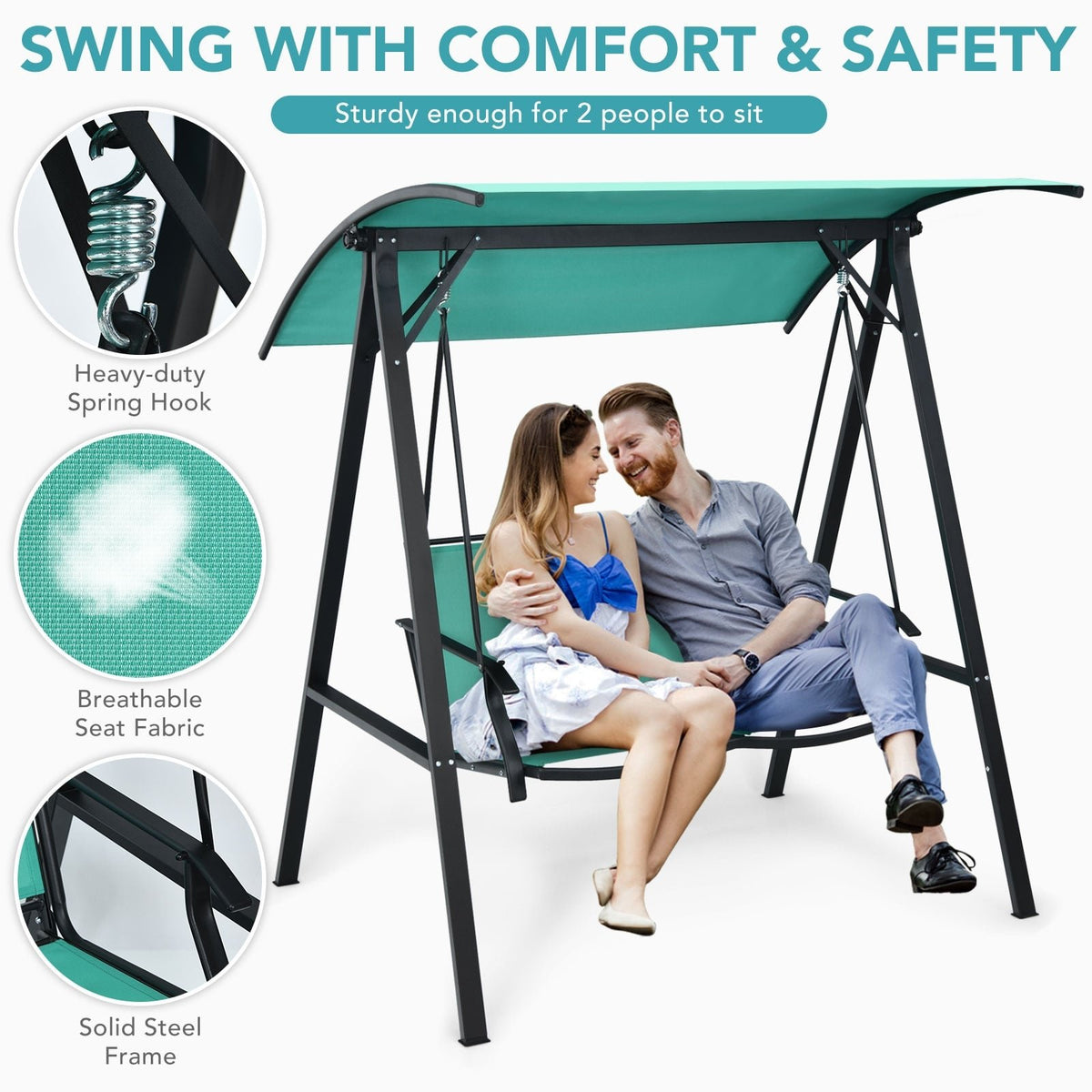 2 Person Patio Swing with Weather Resistant Glider and Adjustable Canopy-Green view 9
