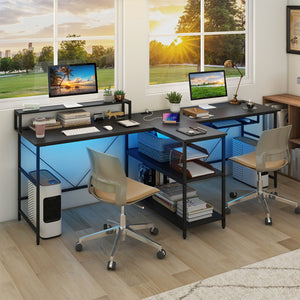 2-Person Reversible Computer Desk Long Office Desk with LED Lights-Black view 2