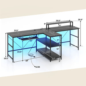 2-Person Reversible Computer Desk Long Office Desk with LED Lights-Black view 4