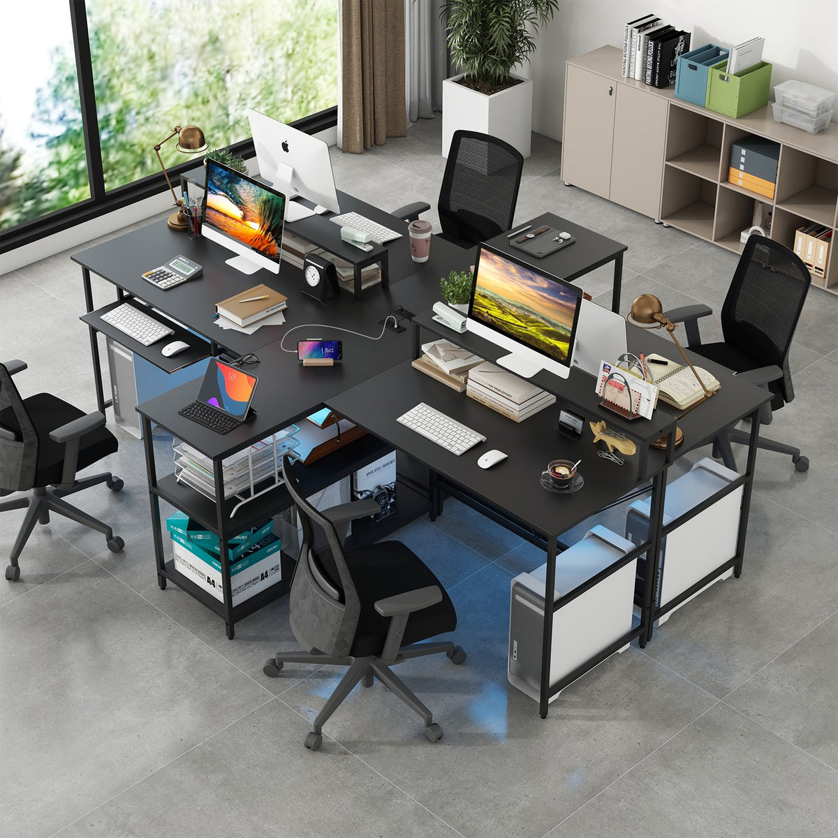 2-Person Reversible Computer Desk Long Office Desk with LED Lights-Black view 5