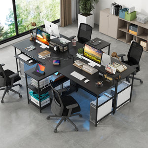 2-Person Reversible Computer Desk Long Office Desk with LED Lights-Black view 5