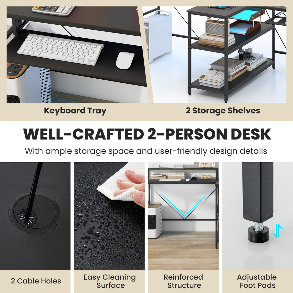 2-Person Reversible Computer Desk Long Office Desk with LED Lights-Black view 9