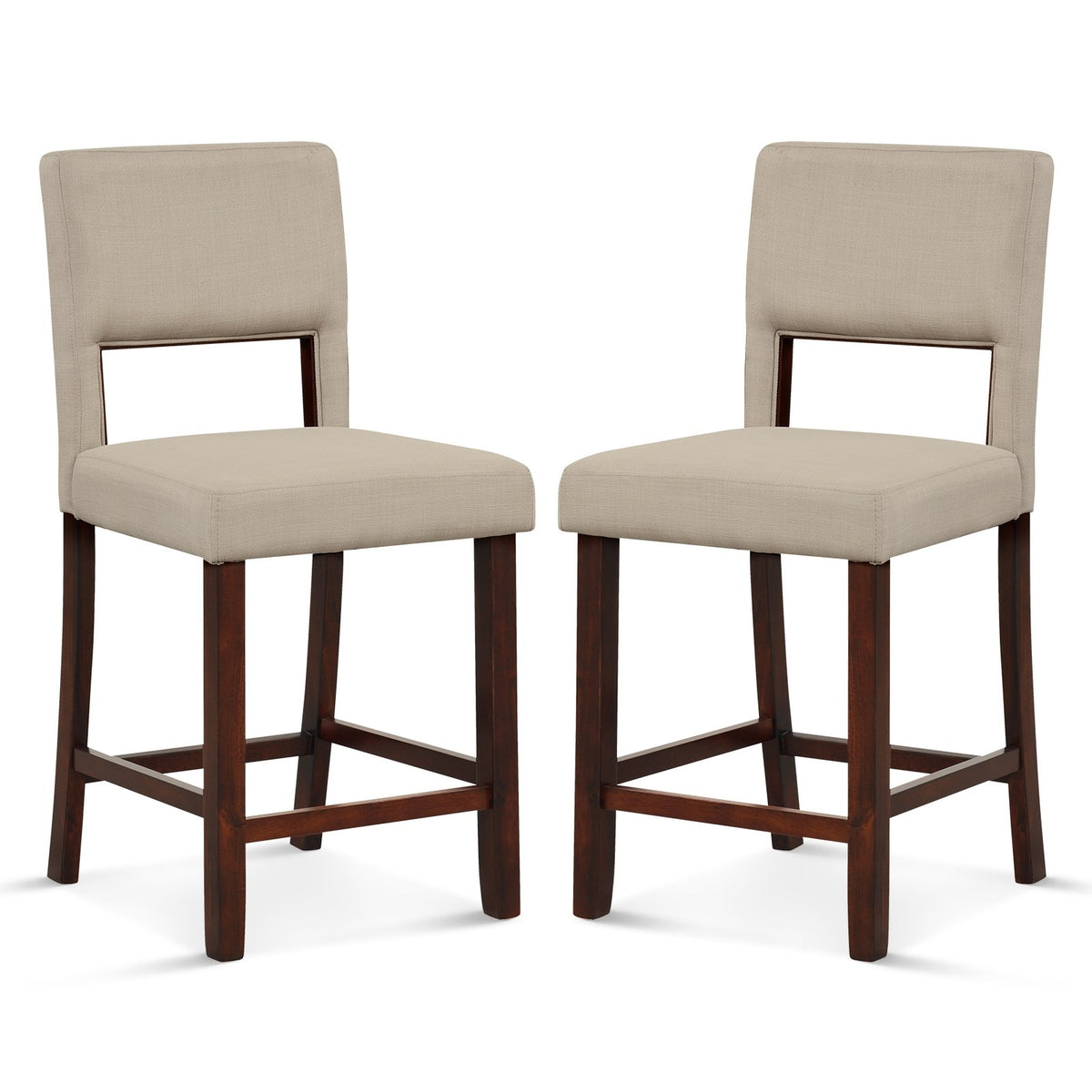 2 Piece Bar Chair Set with Hollowed Back and Rubber Wood Legs-Beige