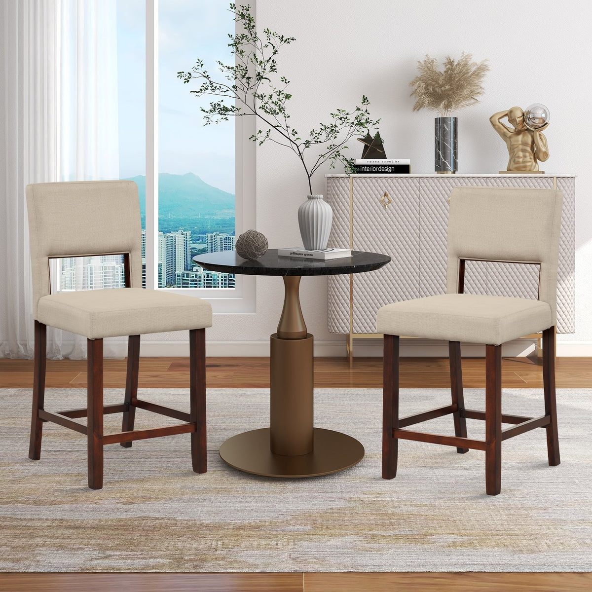 2 Piece Bar Chair Set with Hollowed Back and Rubber Wood Legs-Beige view 2