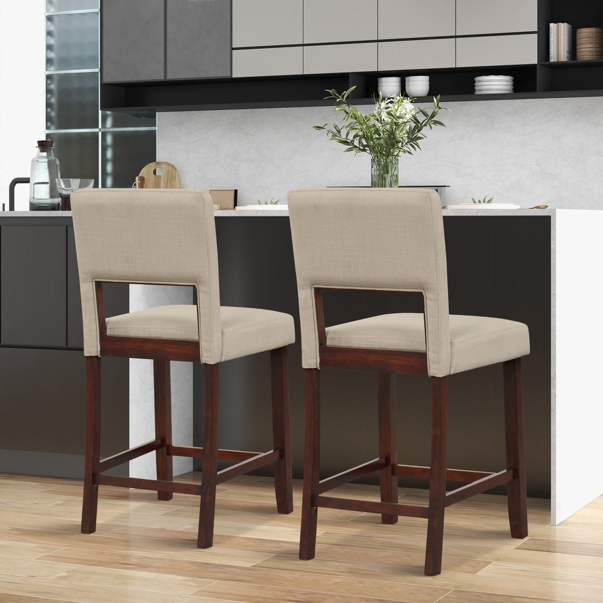 2 Piece Bar Chair Set with Hollowed Back and Rubber Wood Legs-Beige view 3
