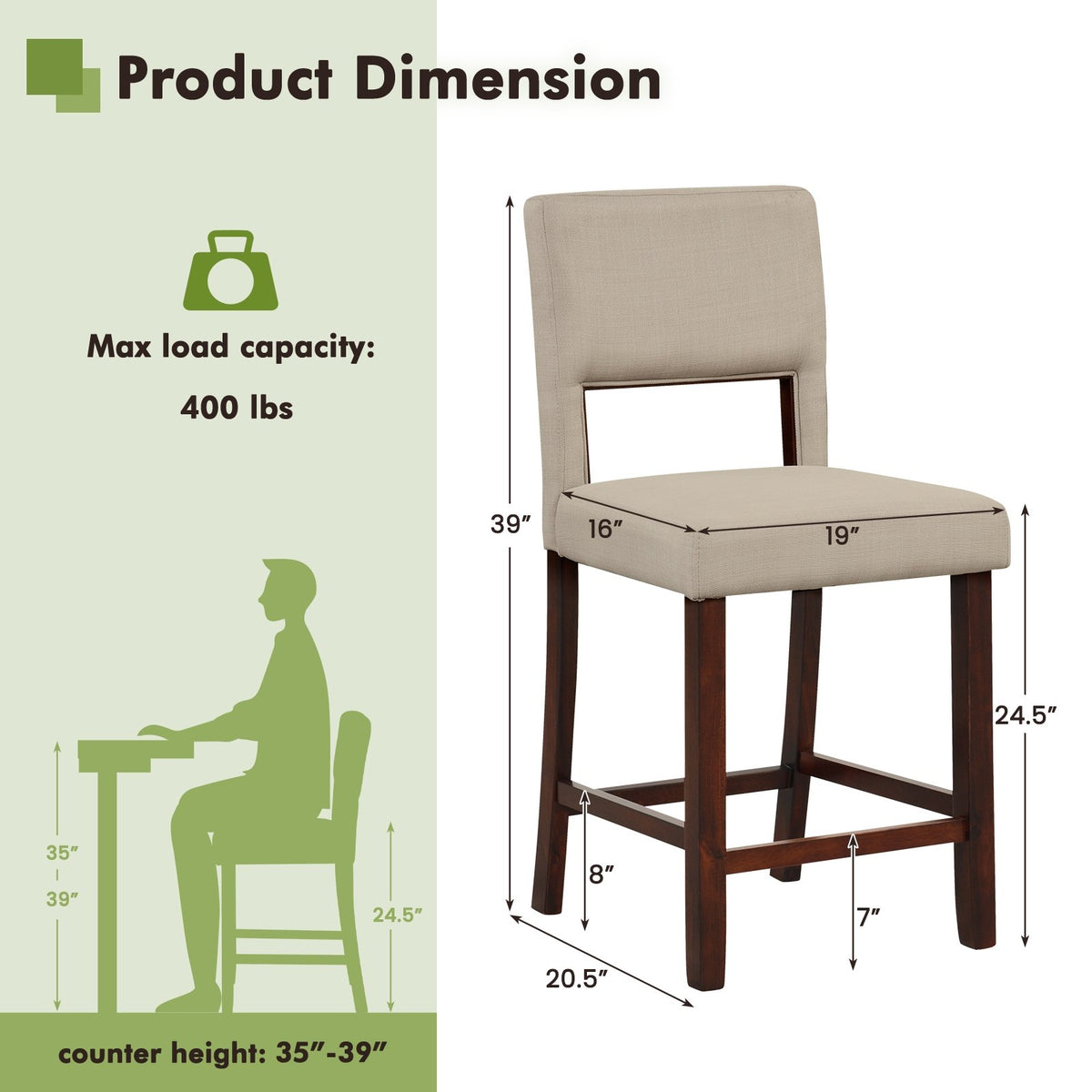2 Piece Bar Chair Set with Hollowed Back and Rubber Wood Legs-Beige view 4
