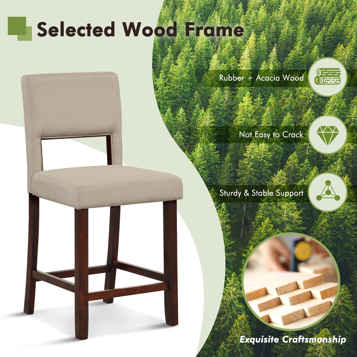2 Piece Bar Chair Set with Hollowed Back and Rubber Wood Legs-Beige view 5