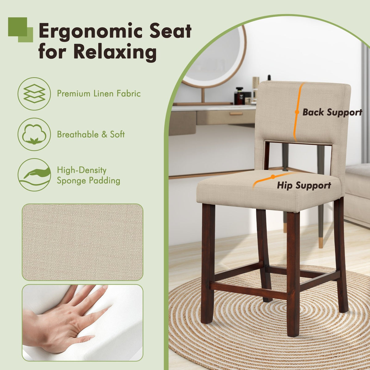 2 Piece Bar Chair Set with Hollowed Back and Rubber Wood Legs-Beige view 6