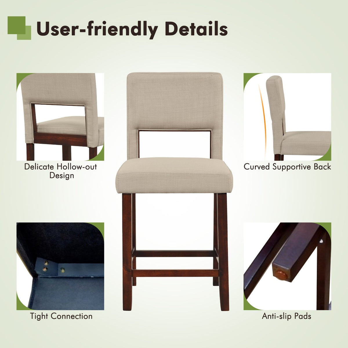 2 Piece Bar Chair Set with Hollowed Back and Rubber Wood Legs-Beige view 8