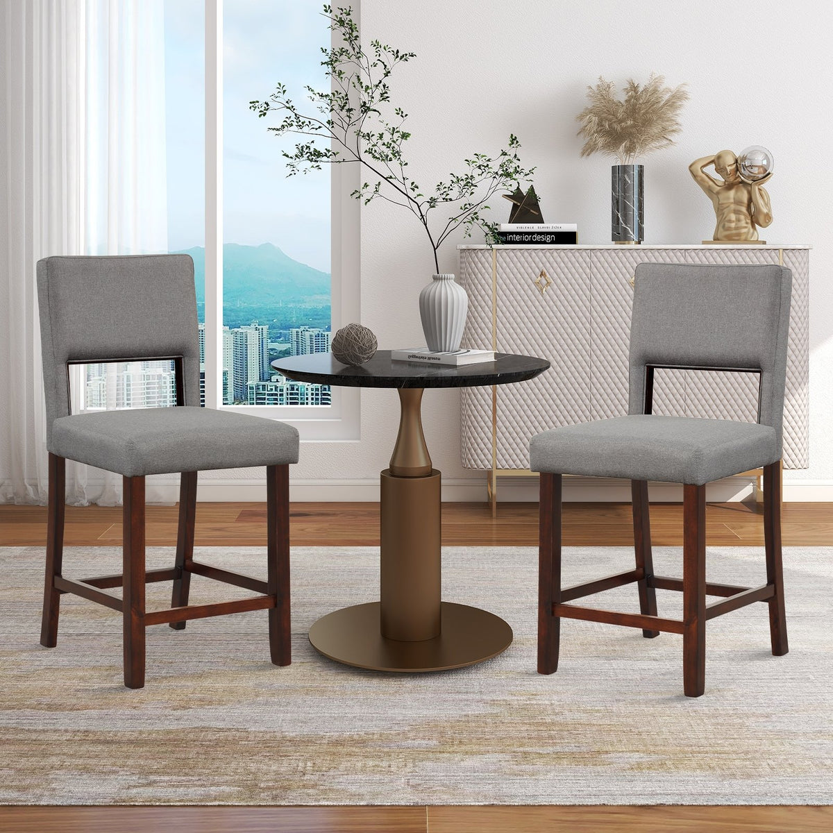 2 Piece Bar Chair Set with Hollowed Back and Rubber Wood Legs-Gray view 2