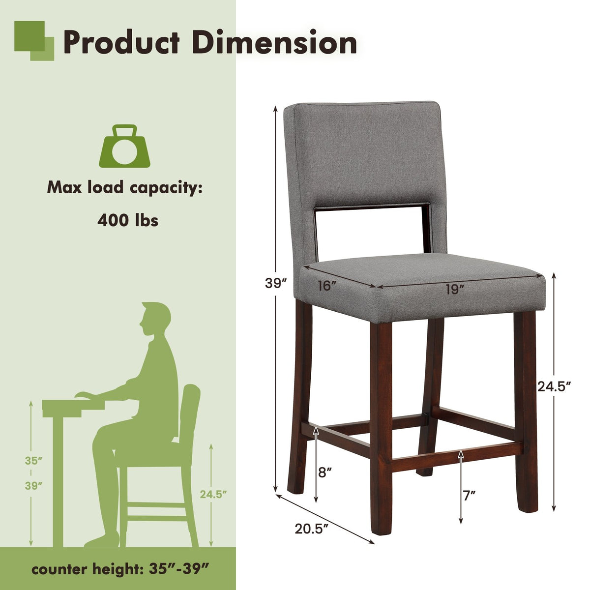 2 Piece Bar Chair Set with Hollowed Back and Rubber Wood Legs-Gray view 4