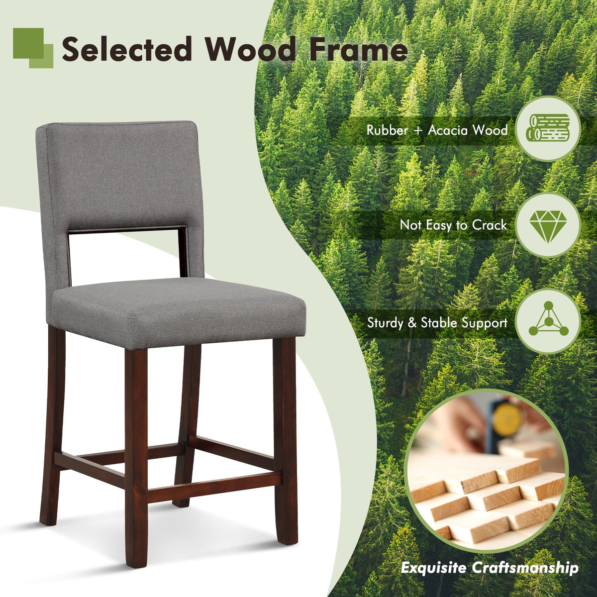 2 Piece Bar Chair Set with Hollowed Back and Rubber Wood Legs-Gray view 5
