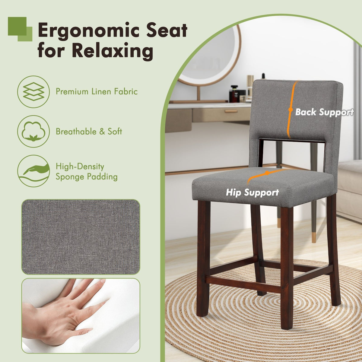 2 Piece Bar Chair Set with Hollowed Back and Rubber Wood Legs-Gray view 6