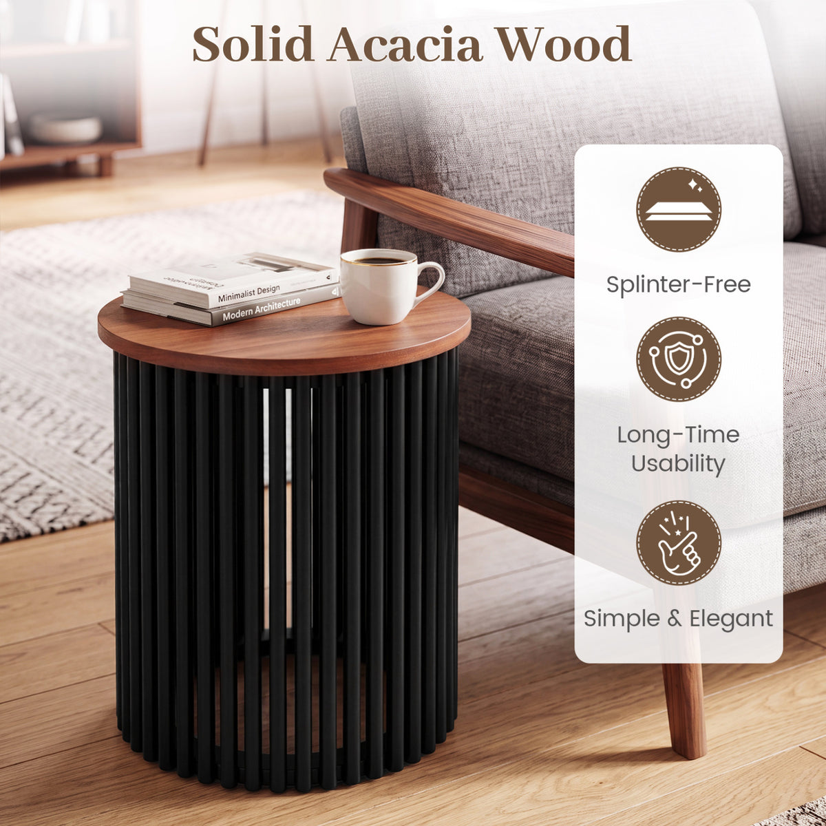 2 Piece Elegant Round Acacia Wood Coffee Table for Living Room and Home Office-Walnut view 5