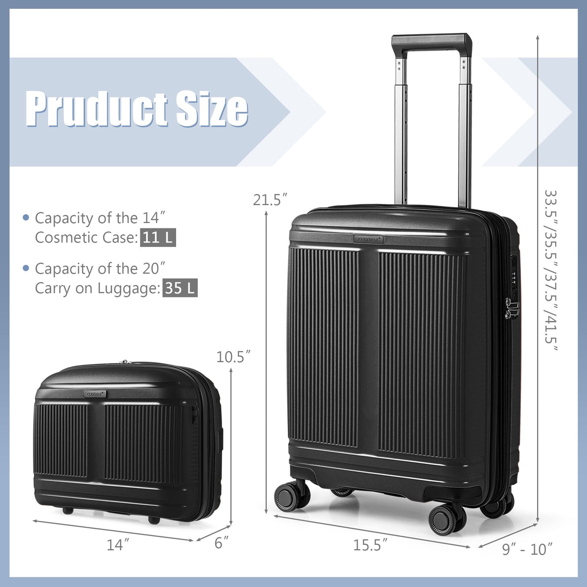 2-Piece Luggage Set 20 Inch Carry-on Suitcase and 14 Inch Cosmetic Case-Black view 5