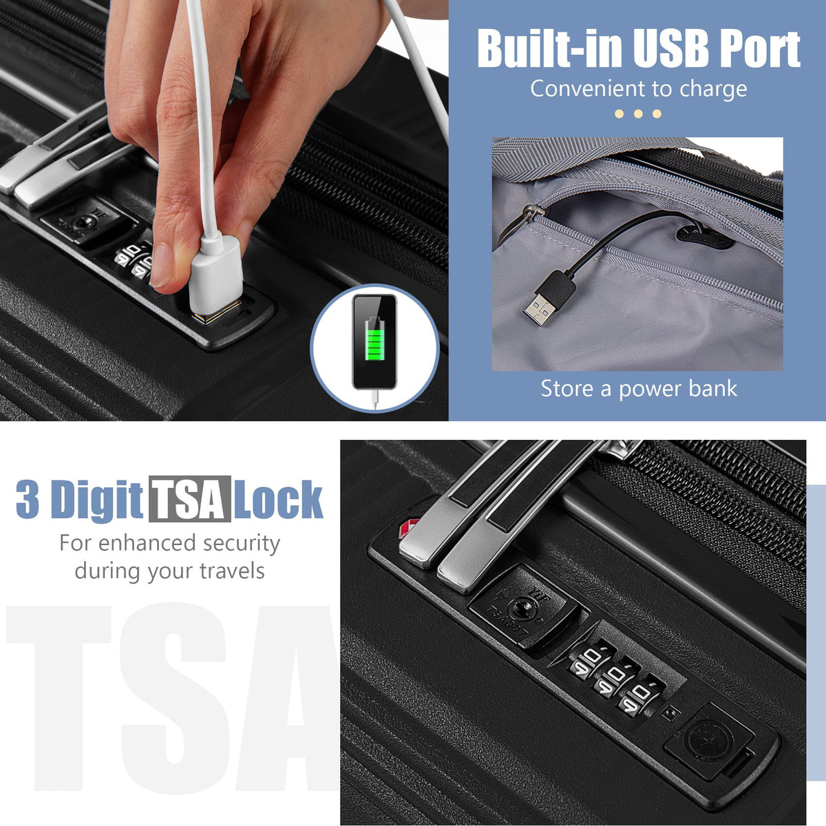 2-Piece Luggage Set 20 Inch Carry-on Suitcase and 14 Inch Cosmetic Case-Black view 9