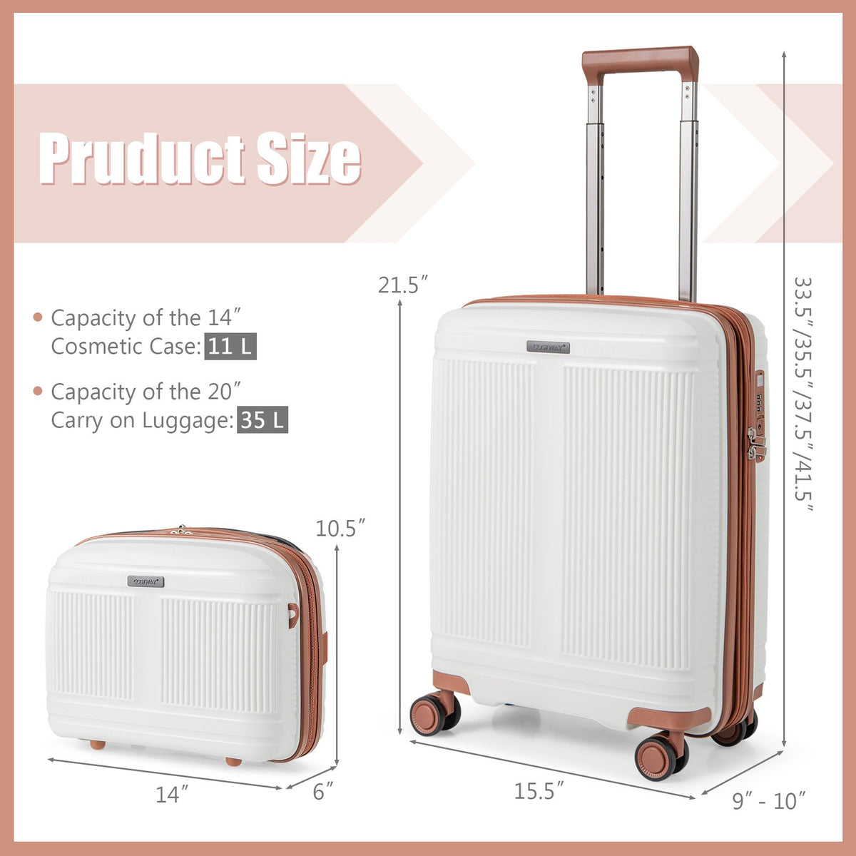 2-Piece Luggage Set 20 Inch Carry-on Suitcase and 14 Inch Cosmetic Case-White view 5