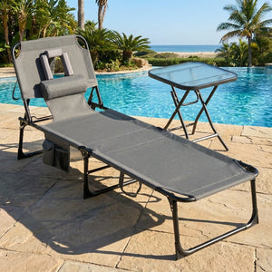 2-Piece Outdoor Tanning Chair and Patio Side Table Set with Folding Lounge Chair and Square Bistro Table view 2