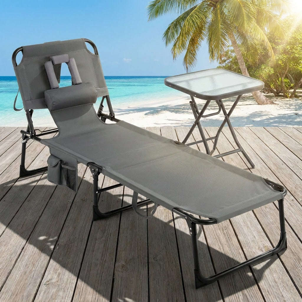 2-Piece Outdoor Tanning Chair and Patio Side Table Set with Folding Lounge Chair and Square Bistro Table view 3