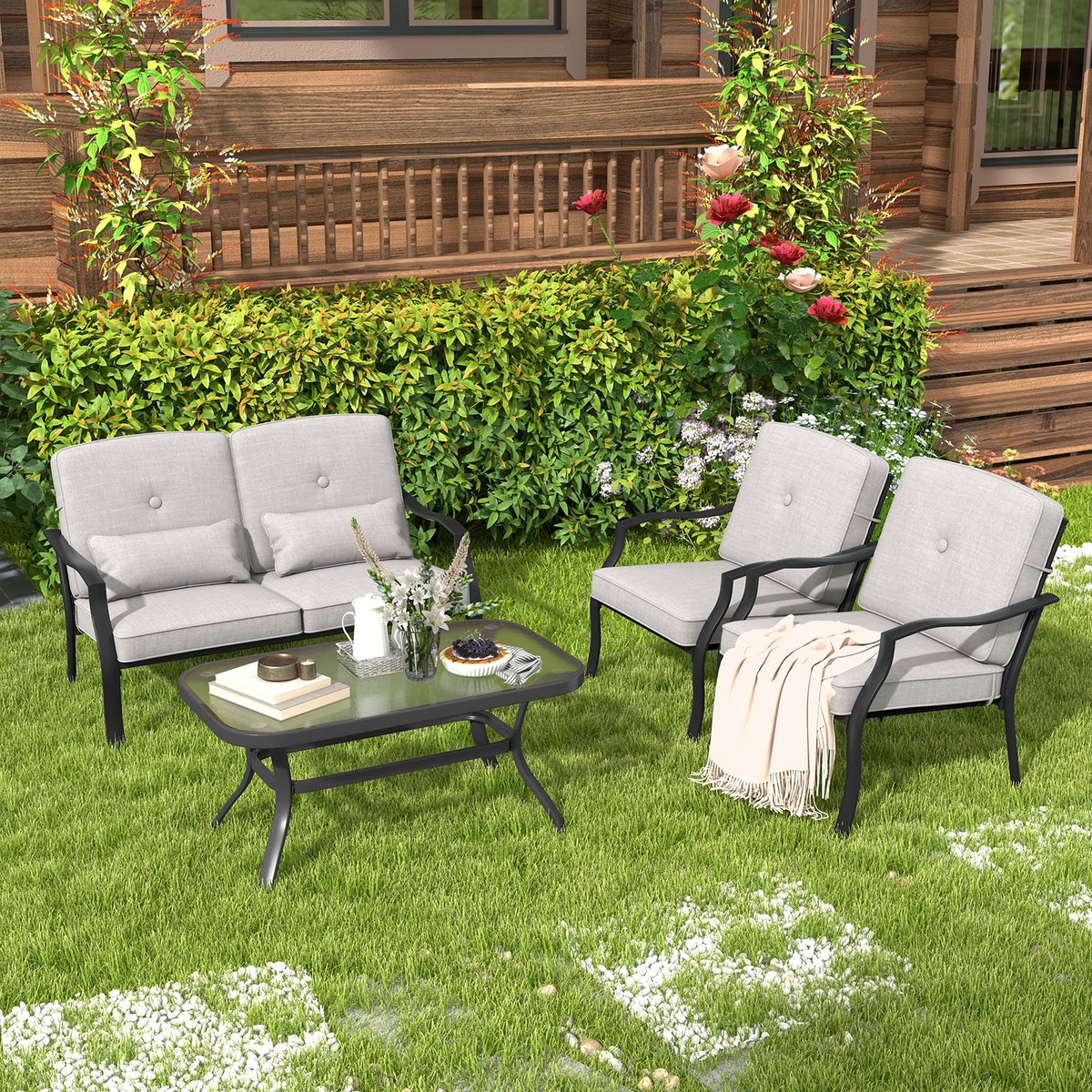 2 Piece Patio Metal Chairs with Seat and Back Cushions view 3