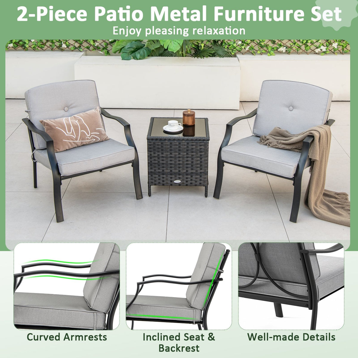 2 Piece Patio Metal Chairs with Seat and Back Cushions view 5