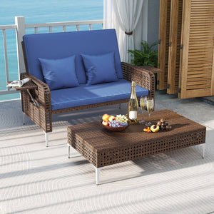 2 Piece Patio Rattan Daybed Wicker Loveseat and Ottoman with Adjustable Backrest-Navy view 2