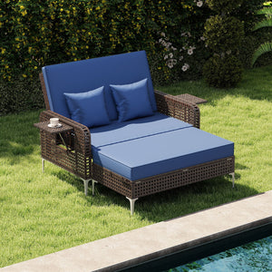 2 Piece Patio Rattan Daybed Wicker Loveseat and Ottoman with Adjustable Backrest-Navy view 3