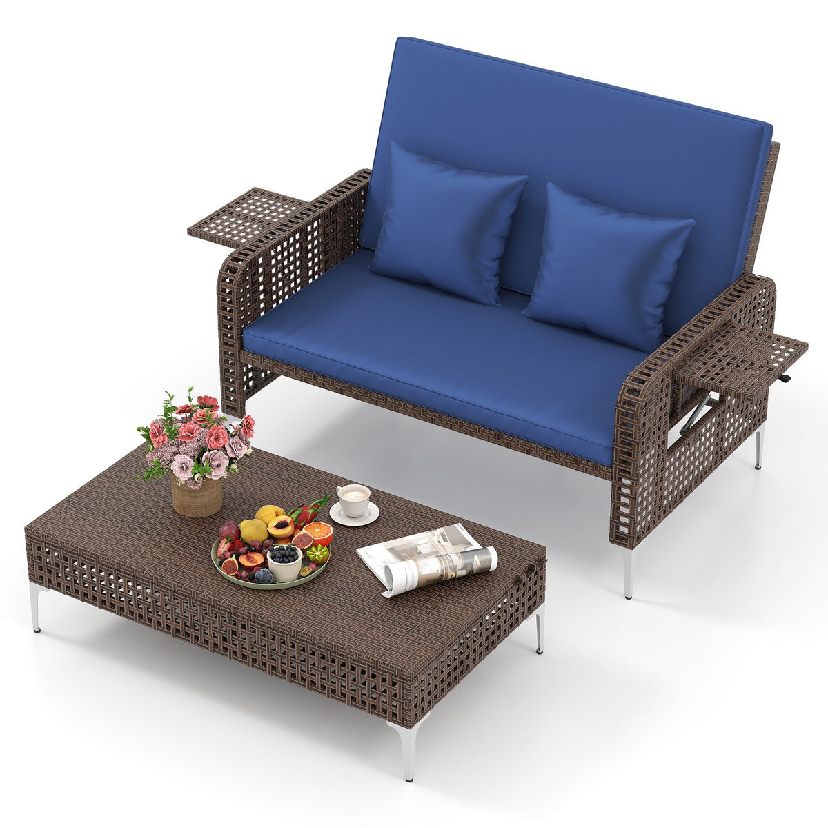 2 Piece Patio Rattan Daybed Wicker Loveseat and Ottoman with Adjustable Backrest-Navy view 4