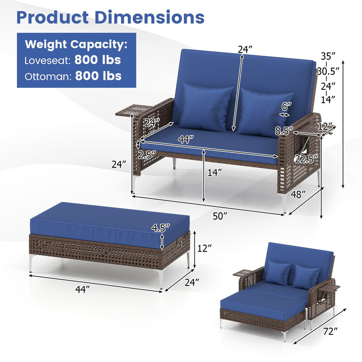 2 Piece Patio Rattan Daybed Wicker Loveseat and Ottoman with Adjustable Backrest-Navy view 5