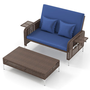 2 Piece Patio Rattan Daybed Wicker Loveseat and Ottoman with Adjustable Backrest-Navy view 6