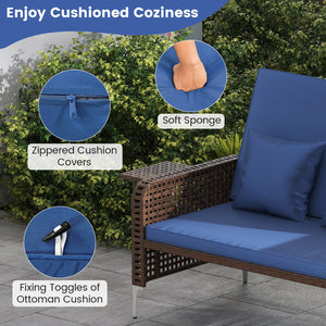 2 Piece Patio Rattan Daybed Wicker Loveseat and Ottoman with Adjustable Backrest-Navy view 8