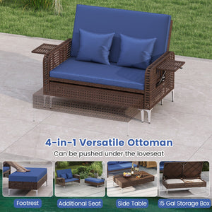 2 Piece Patio Rattan Daybed Wicker Loveseat and Ottoman with Adjustable Backrest-Navy view 9