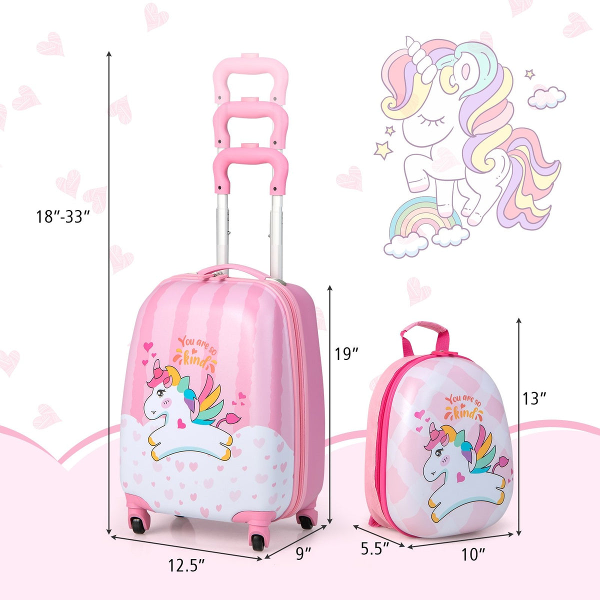 2 Pieces 12 Inch 16 Inch Kids Luggage Set with Backpack and Suitcase for Travel-Lovely Unicorn view 4