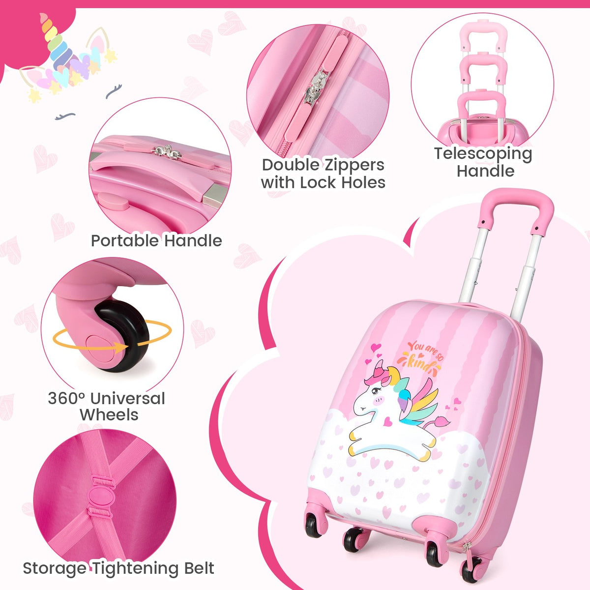 2 Pieces 12 Inch 16 Inch Kids Luggage Set with Backpack and Suitcase for Travel-Lovely Unicorn view 7