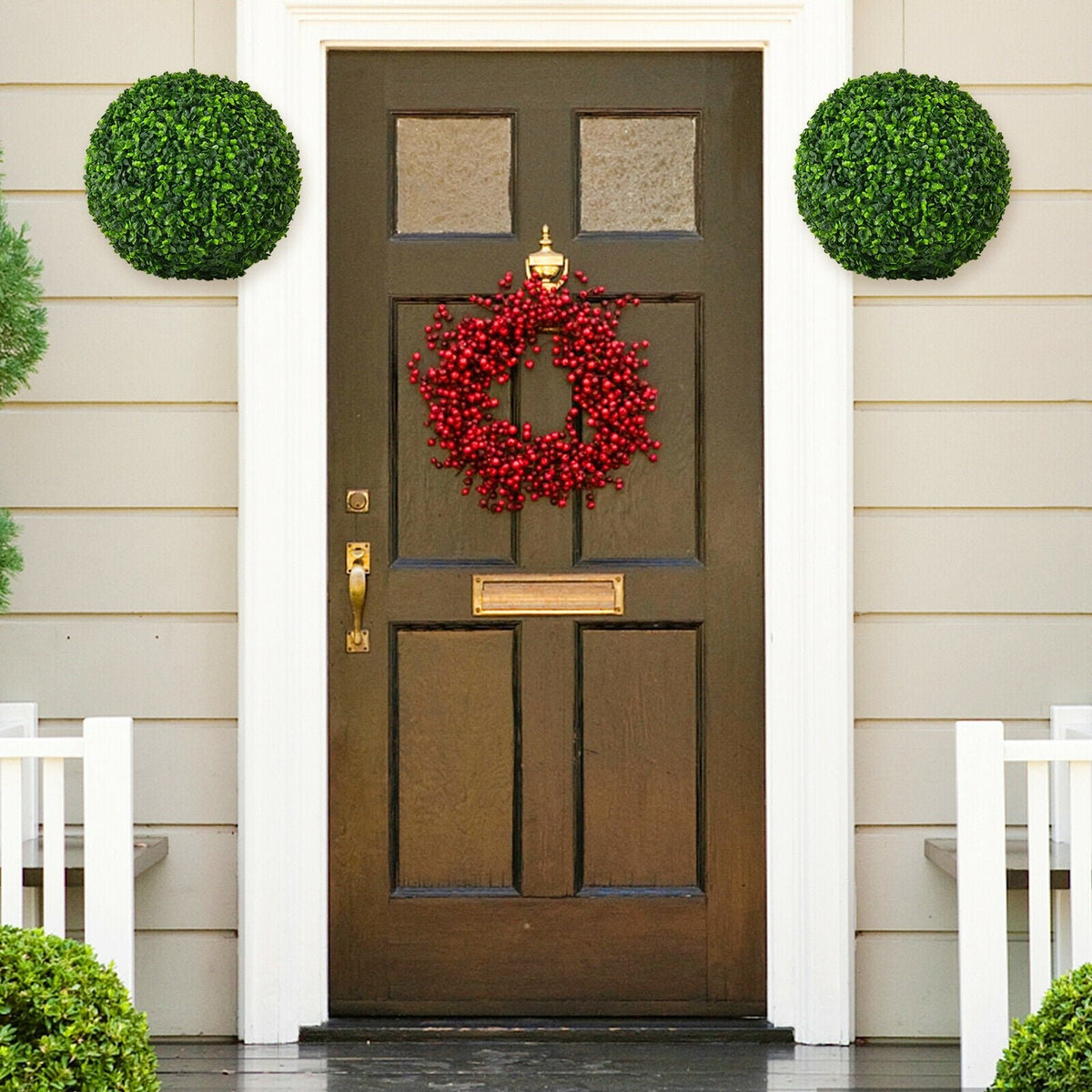 2 Pieces 15.7 Inch Artificial Boxwood Topiary Ball Tree Set view 2