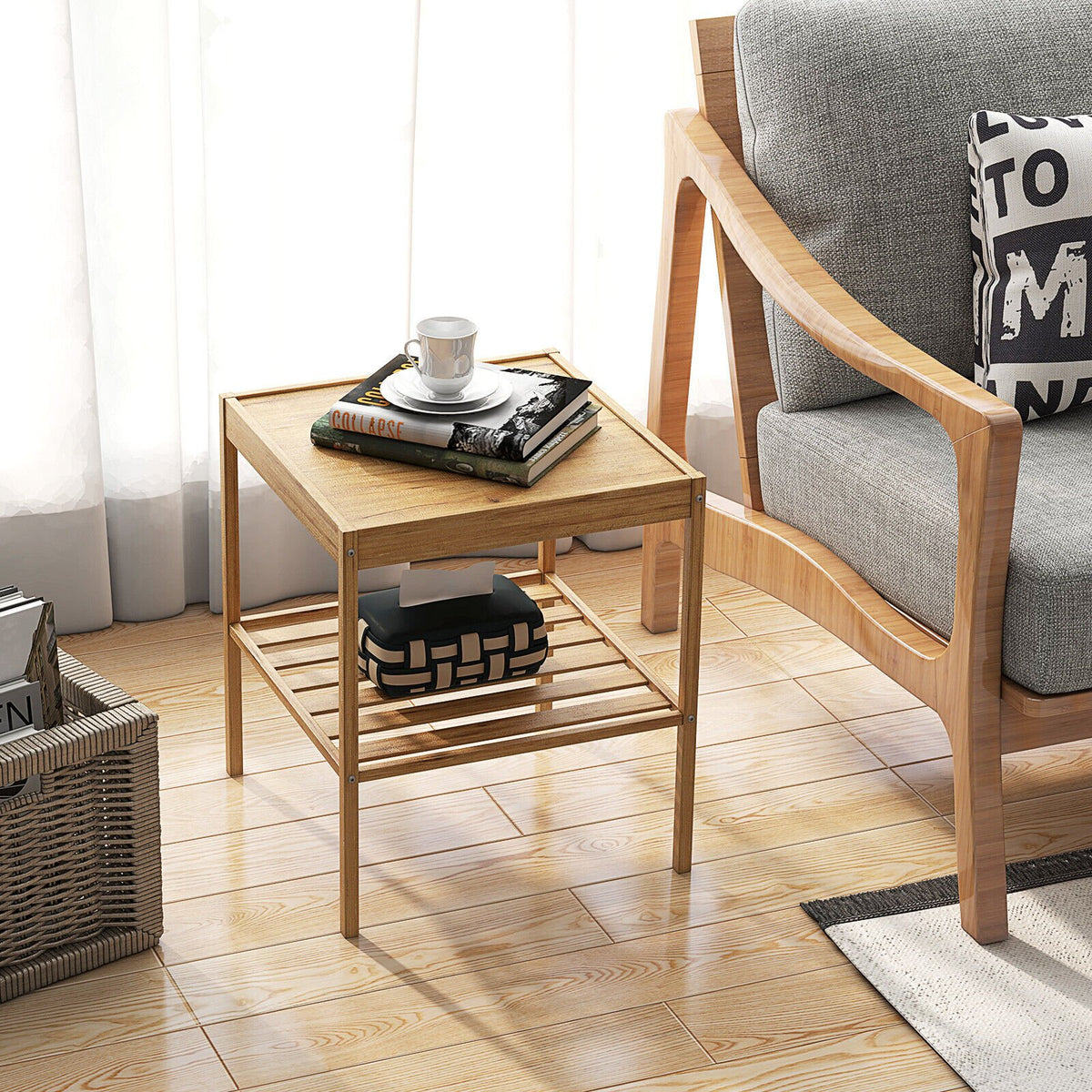 2 Pieces 2 Tiers Bamboo Nightstand for Living Room Bedroom-Natural view 2