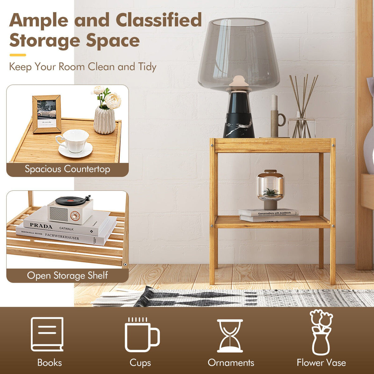 2 Pieces 2 Tiers Bamboo Nightstand for Living Room Bedroom-Natural view 7