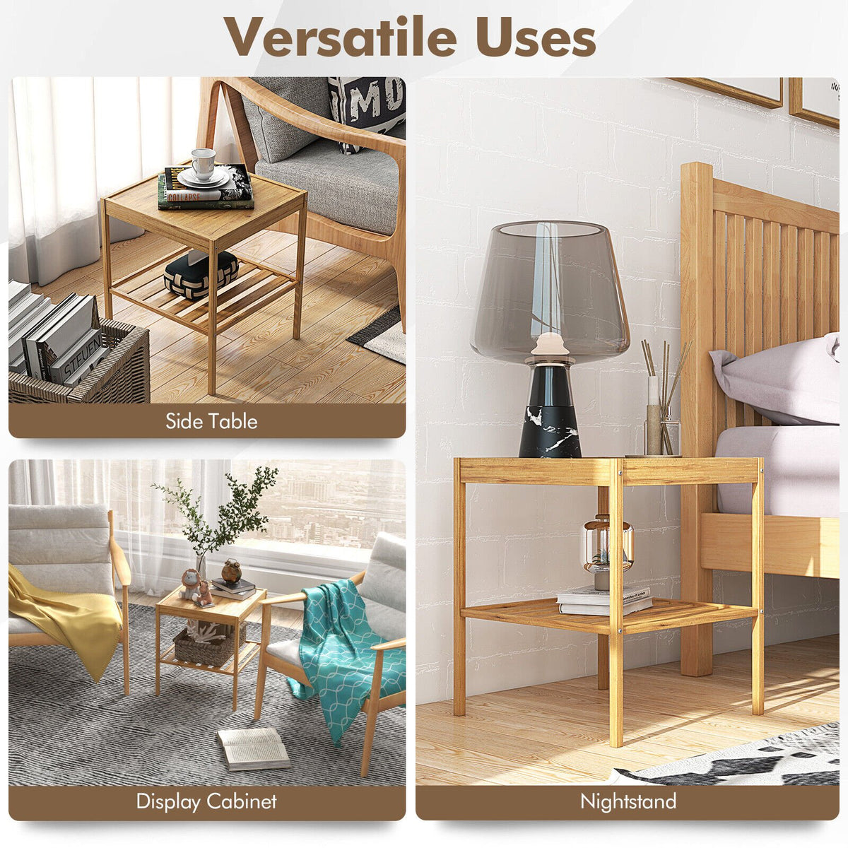 2 Pieces 2 Tiers Bamboo Nightstand for Living Room Bedroom-Natural view 8
