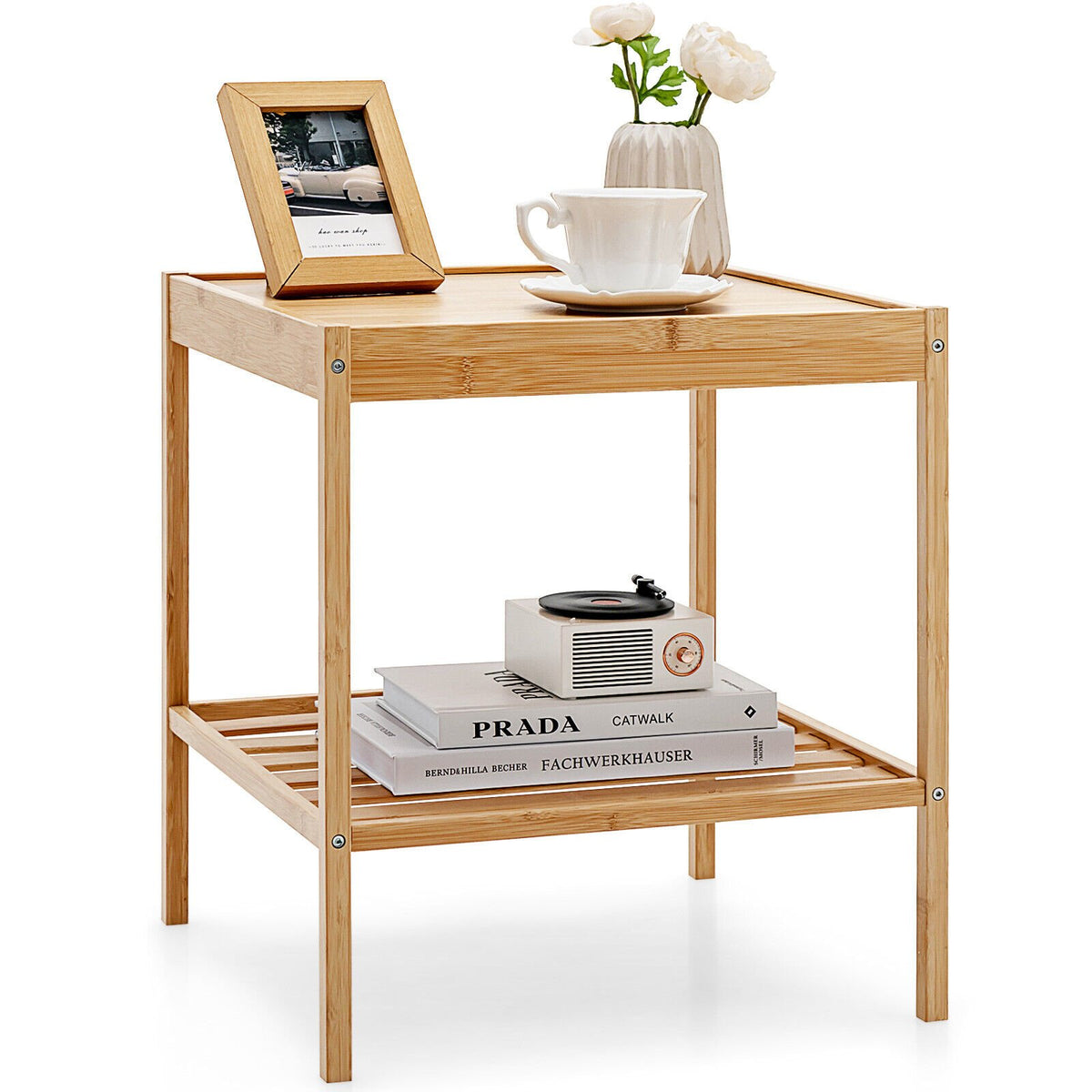 2 Pieces 2 Tiers Bamboo Nightstand for Living Room Bedroom-Natural view 9