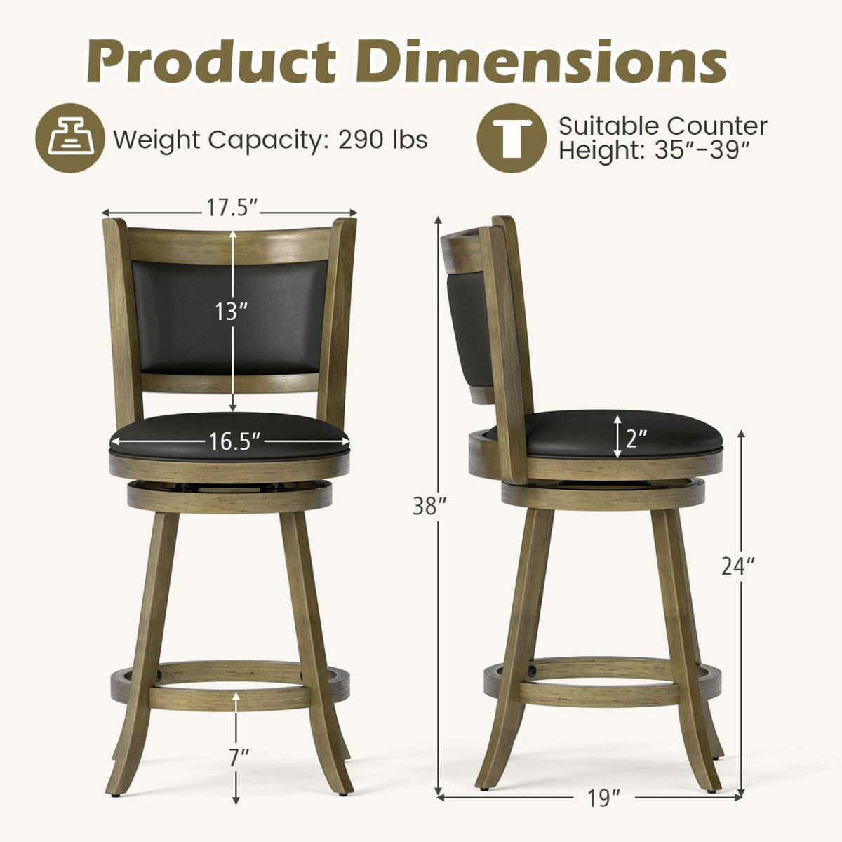 2 Pieces 24 Inch Swivel Counter Stool Dining Chair Upholstered Seat-Gray view 4