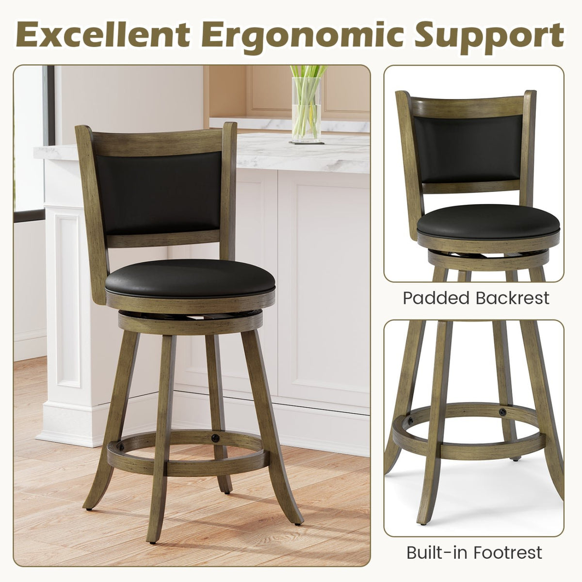 2 Pieces 24 Inch Swivel Counter Stool Dining Chair Upholstered Seat-Gray view 8