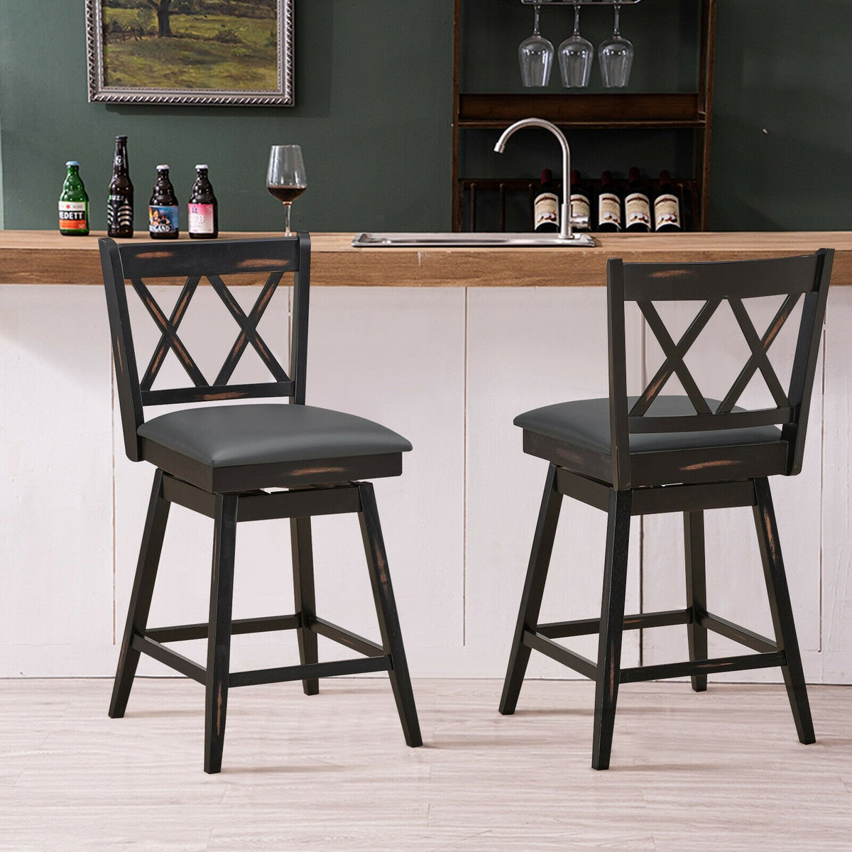 2 Pieces 24 Inch Swivel Counter Height Barstool Set with Rubber Wood Legs-Black view 2