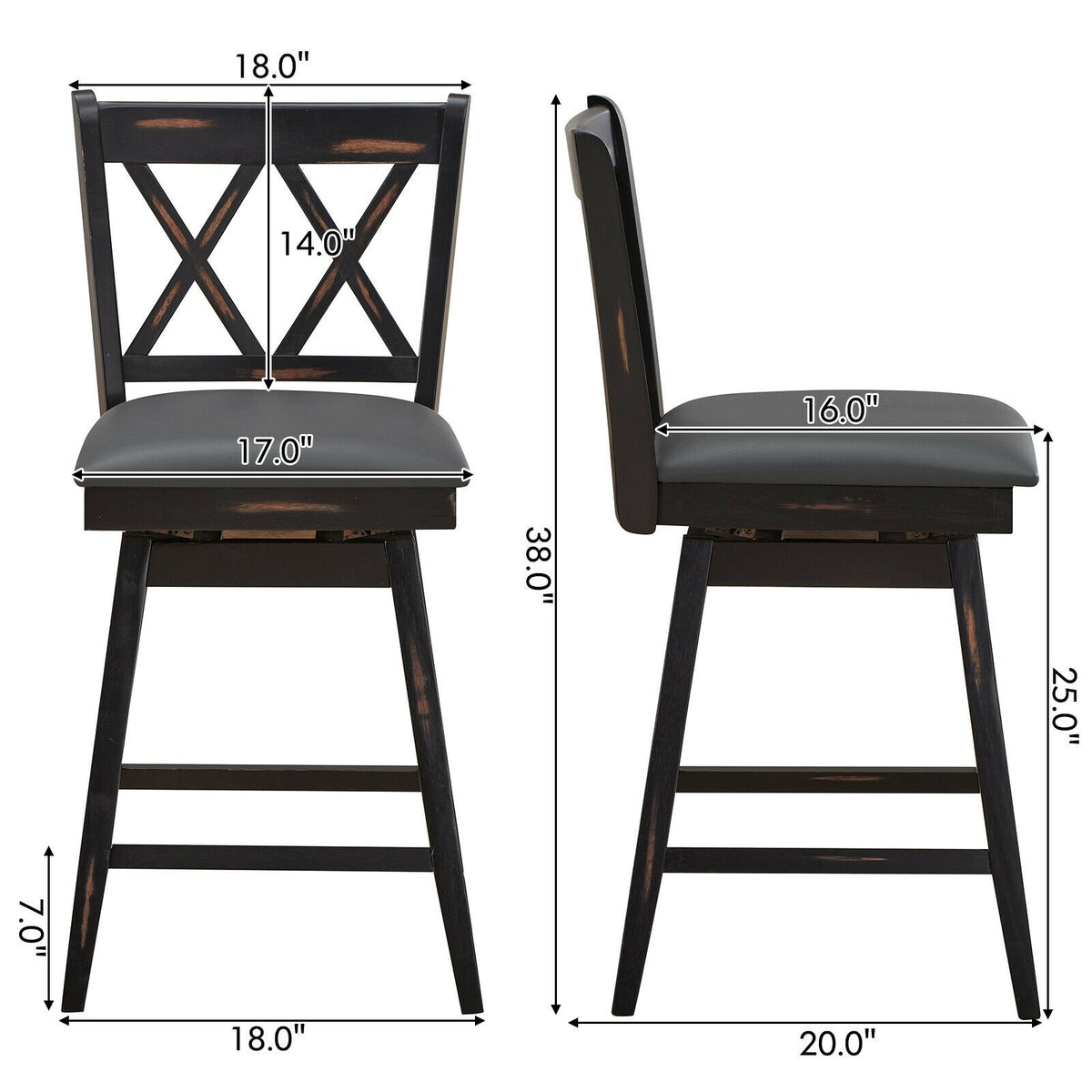 2 Pieces 24 Inch Swivel Counter Height Barstool Set with Rubber Wood Legs-Black view 4