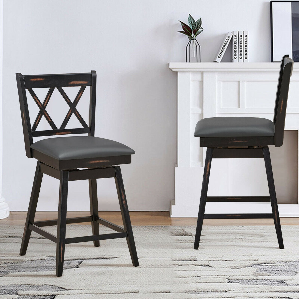 2 Pieces 24 Inch Swivel Counter Height Barstool Set with Rubber Wood Legs-Black view 6