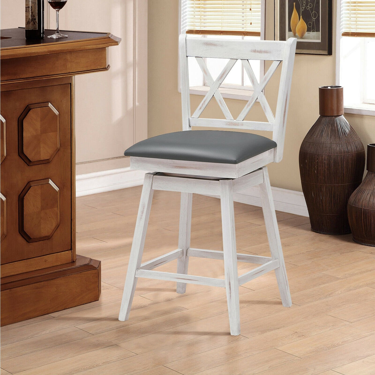 2 Pieces 24 Inch Swivel Counter Height Barstool Set with Rubber Wood Legs-White view 3