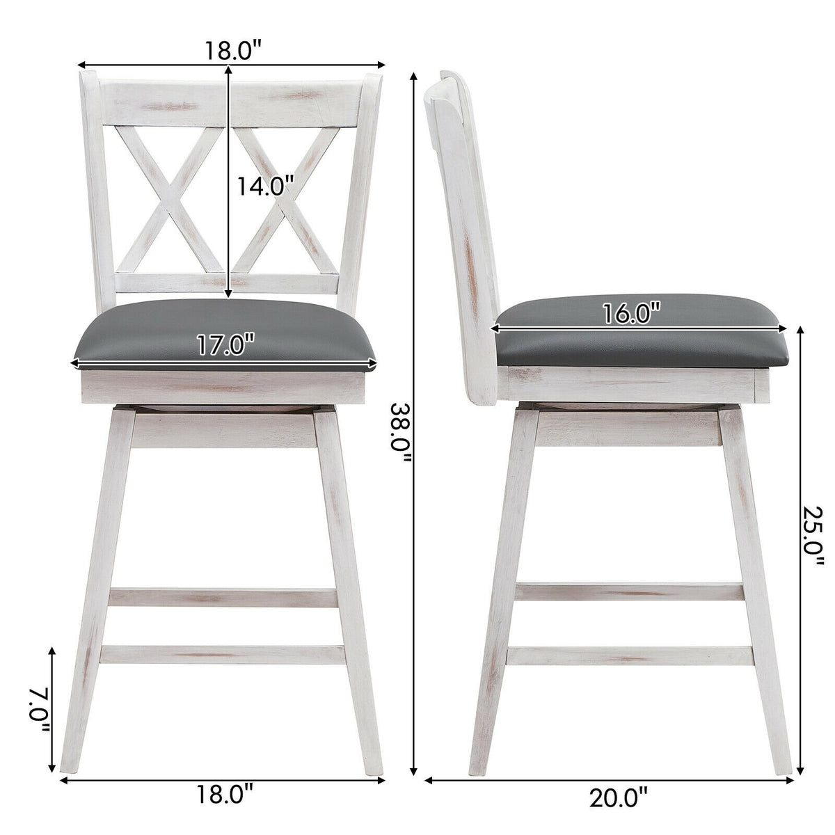 2 Pieces 24 Inch Swivel Counter Height Barstool Set with Rubber Wood Legs-White view 5