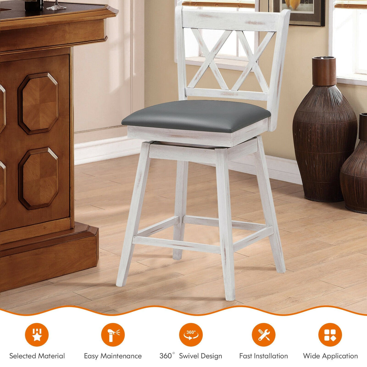 2 Pieces 24 Inch Swivel Counter Height Barstool Set with Rubber Wood Legs-White view 6