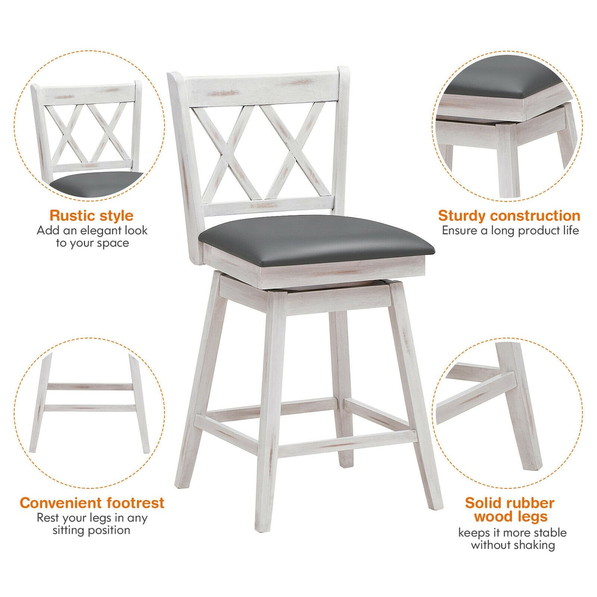 2 Pieces 24 Inch Swivel Counter Height Barstool Set with Rubber Wood Legs-White view 7