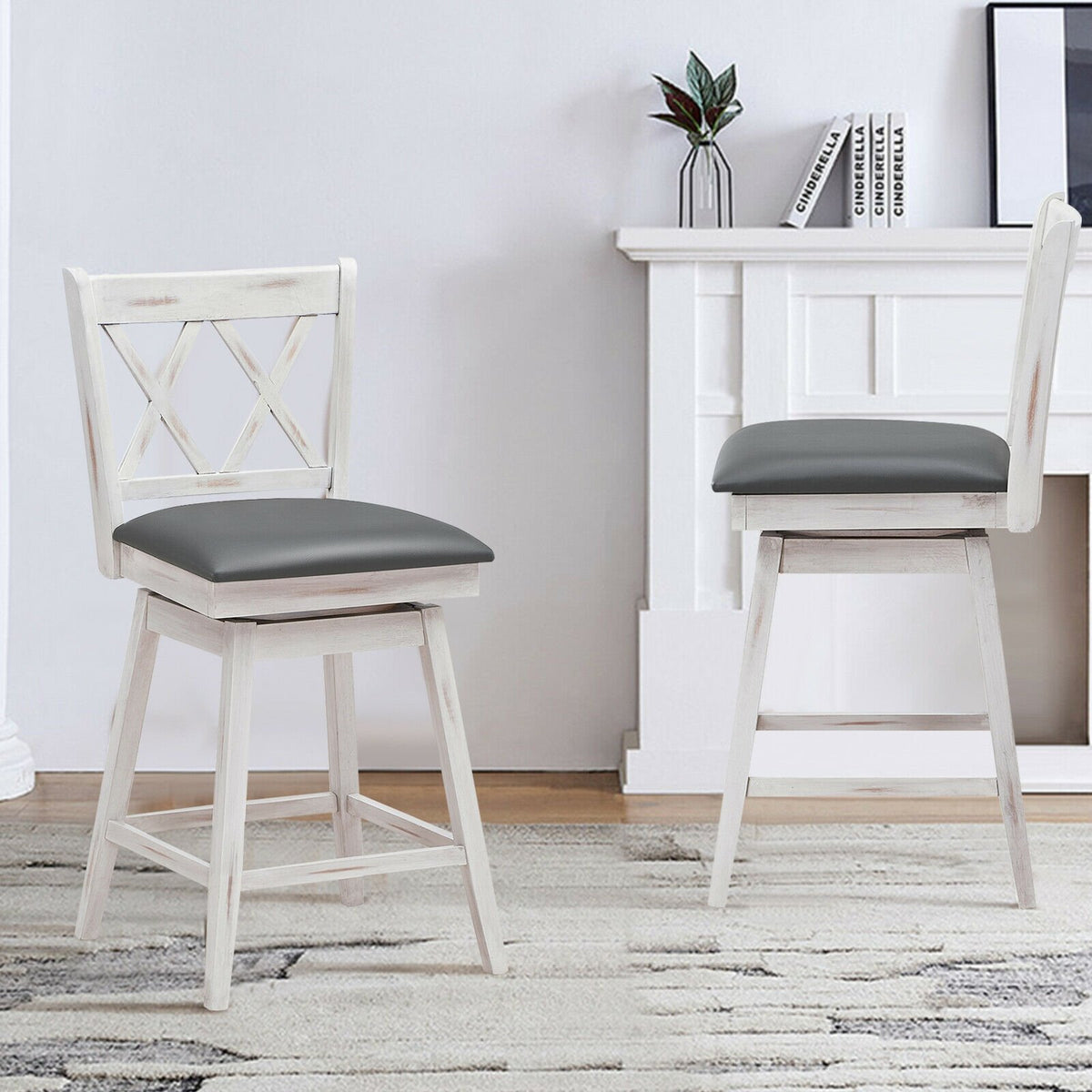 2 Pieces 24 Inch Swivel Counter Height Barstool Set with Rubber Wood Legs-White view 8